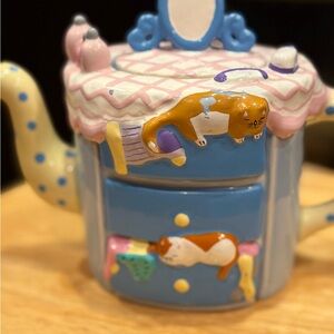 Russ Whimsical Blue Ceramic Teapot with Cat Details